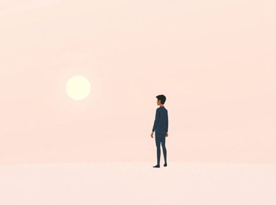 Spokojna postać spogląda na odległy blask, symbolizując porównania społeczne i samodoskonalenie.