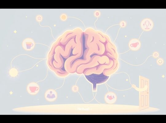 Sieć wiedzy w pastelowych barwach, łącząca mózg z ikonami codziennych sytuacji.