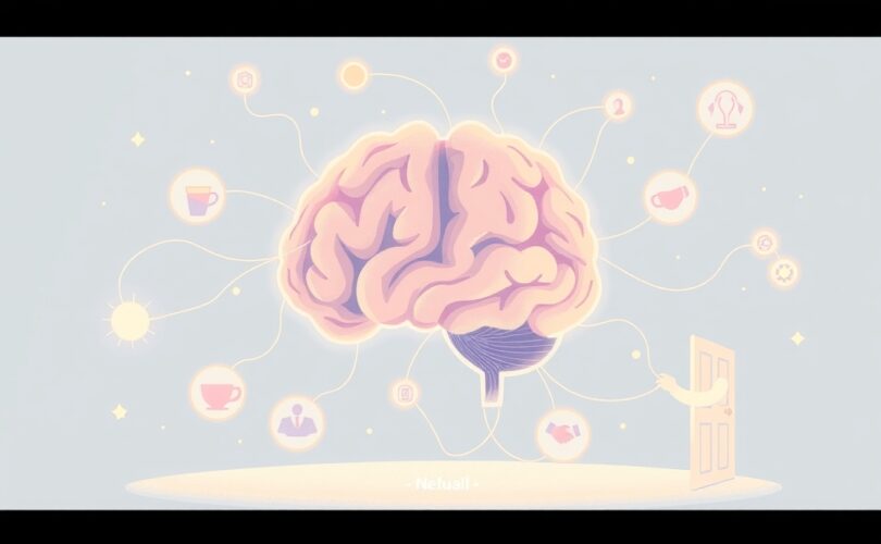 Sieć wiedzy w pastelowych barwach, łącząca mózg z ikonami codziennych sytuacji.