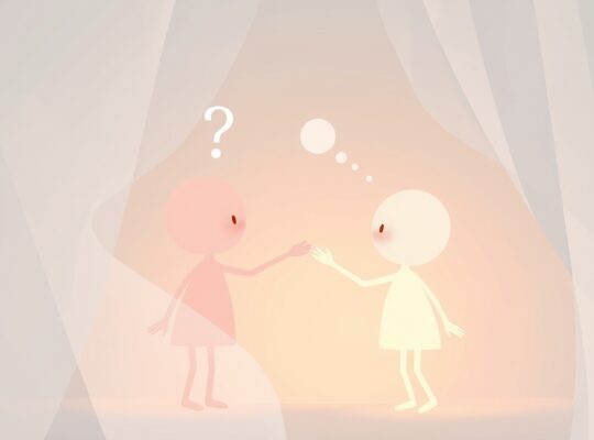 Delikatne, pastelowe postacie łączą się, symbolizując rozumienie i rozwój teorii umysłu u dzieci.