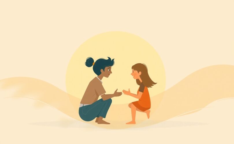 Abstrakcyjna ilustracja symbolizująca terapeutyczną moc rozmowy, z ciepłą paletą barw.