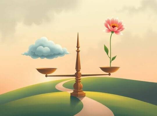 Delikatna waga z chmurą i kwiatem, symbolizująca równowagę emocjonalną według DBT.