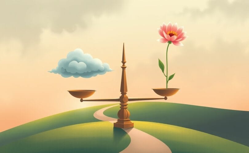 Delikatna waga z chmurą i kwiatem, symbolizująca równowagę emocjonalną według DBT.