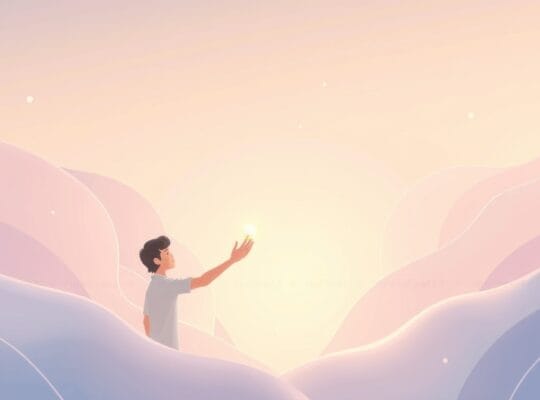 Oświetlony, rozkwitający kwiat, dotykany przez osobę, pastelowa ilustracja świadomości "tu i teraz".