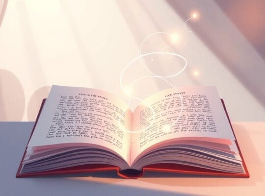 Otwarta księga życia, z której nici światła tworzą nową, wzmacniającą historię.