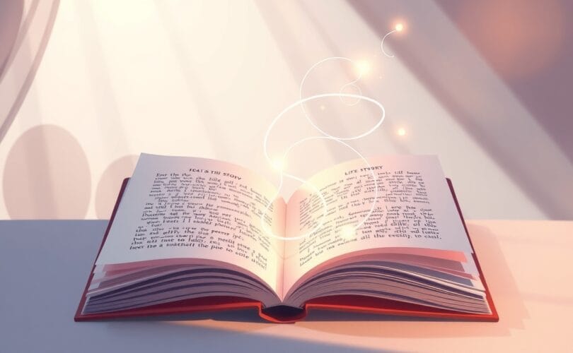 Otwarta księga życia, z której nici światła tworzą nową, wzmacniającą historię.