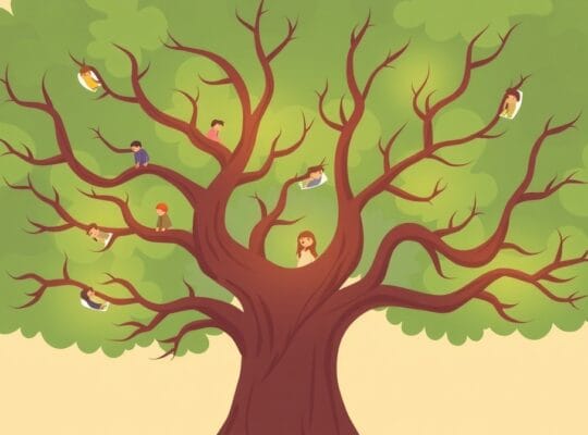 Ilustracja przedstawia stylizowane, połączone gałęzie drzewa symbolizujące rodzinę.
