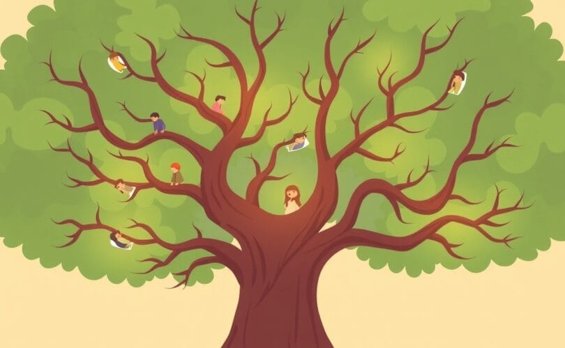 Ilustracja przedstawia stylizowane, połączone gałęzie drzewa symbolizujące rodzinę.