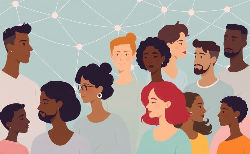 Strumienie łagodnych linii łączą ludzi w geometryczne wzory, pastelowe barwy kojarzą się z tożsamością grupową.