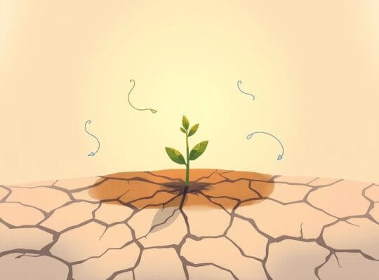 Delikatny pąk wyrasta z popękanej ziemi, rozpraszając mgliste wspomnienia ciepłym światłem.