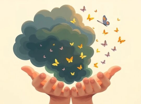 Delikatna ilustracja: ciemna chmura zmienia się w barwne motyle, symbolizując przebaczenie.