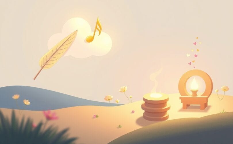 Kreatywność w kojącej, pastelowej scenerii, integrująca artystyczne formy z naturą, symbolizująca dobrostan.