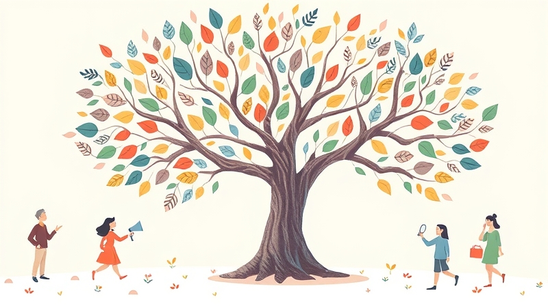 Drzewo karier z symbolicznymi postaciami nawiązującymi do cech osobowości zawodowej.