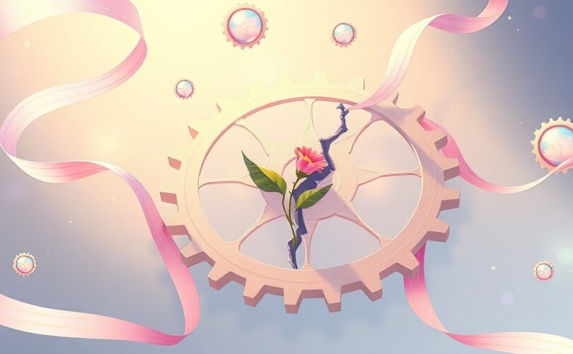 Delikatne, pastelowe, splecione koła zębate z pęknięciem, z którego wyrasta kwiat.