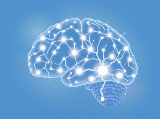 Abstrakcyjna ilustracja mózgu z siecią neuronów dopaminergicznych, symbolizująca motywację.