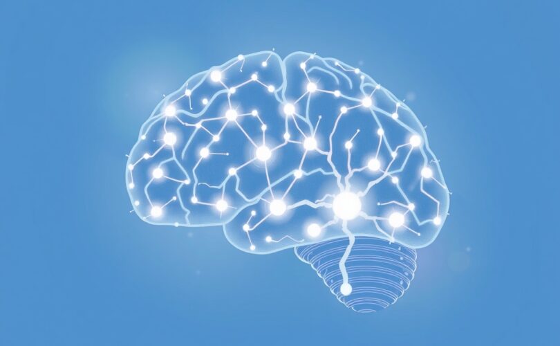 Abstrakcyjna ilustracja mózgu z siecią neuronów dopaminergicznych, symbolizująca motywację.