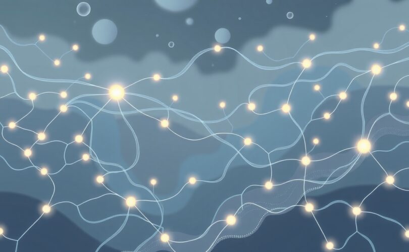 Symboliczna ilustracja układu cholinergicznego: fale wiedzy, subtelne światło, eteryczne powiązania.