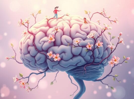 Mózg w pastelowych kolorach opleciony kwitnącymi pnączami, postacie ćwiczą jogę i spacerują. Aktywność fizyczna wspiera zdrowie psychiczne.