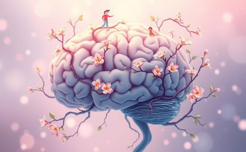 Mózg w pastelowych kolorach opleciony kwitnącymi pnączami, postacie ćwiczą jogę i spacerują. Aktywność fizyczna wspiera zdrowie psychiczne.