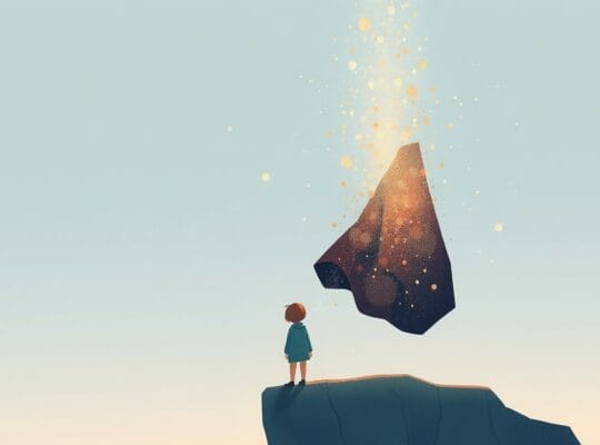 Delikatny, eteryczny obraz: postać na skraju przepaści, ciemny płaszcz rozpuszcza się w złoty pył.