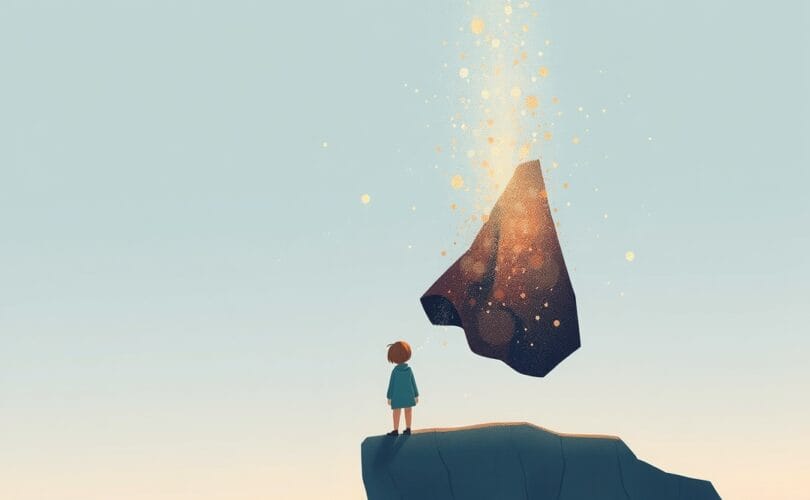 Delikatny, eteryczny obraz: postać na skraju przepaści, ciemny płaszcz rozpuszcza się w złoty pył.