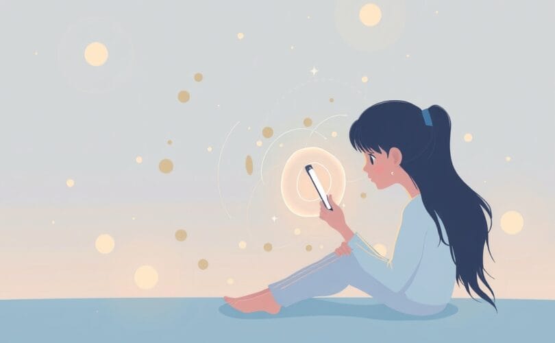 Delikatna ilustracja pastelowa: osoba wciągana w abstrakcyjne, świetliste pętle, symbolizujące uzależnienia behawioralne.