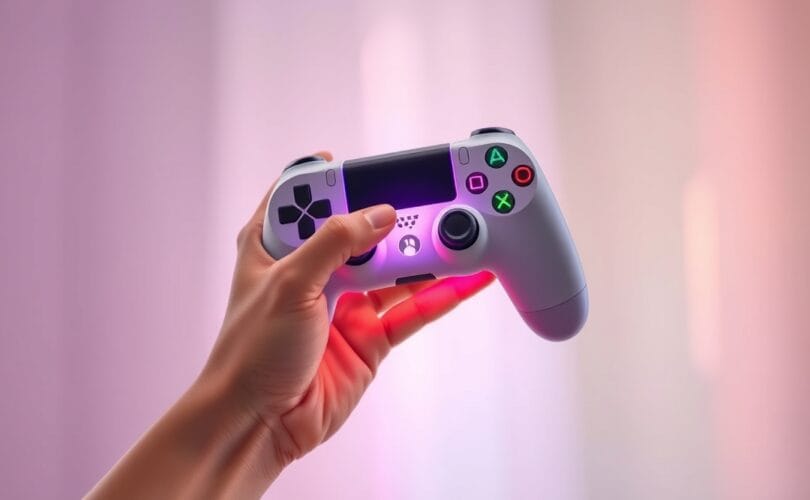 Ręka zamyka się na świecący kontroler w pastelowej, sennej scenerii.