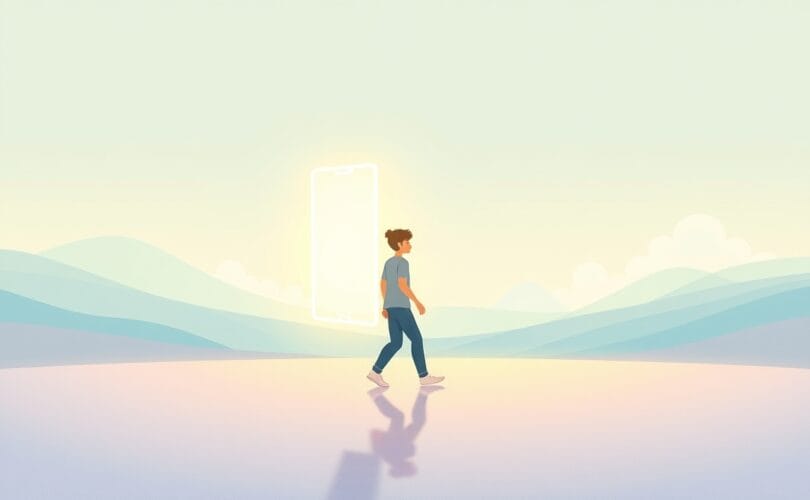 Delikatne odejście od świecącego smartfona ku spokojnemu światu natury.