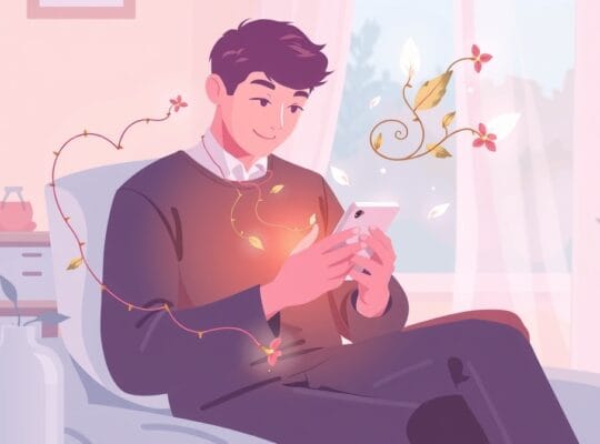 Delikatne, pastelowe ilustracje: etherealne pnącza wyłaniają się z telefonu, symbolizując powrót do natury.