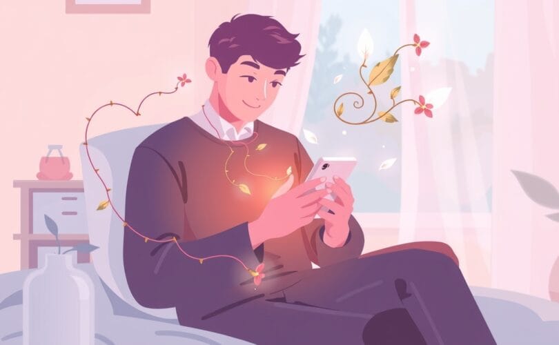 Delikatne, pastelowe ilustracje: etherealne pnącza wyłaniają się z telefonu, symbolizując powrót do natury.