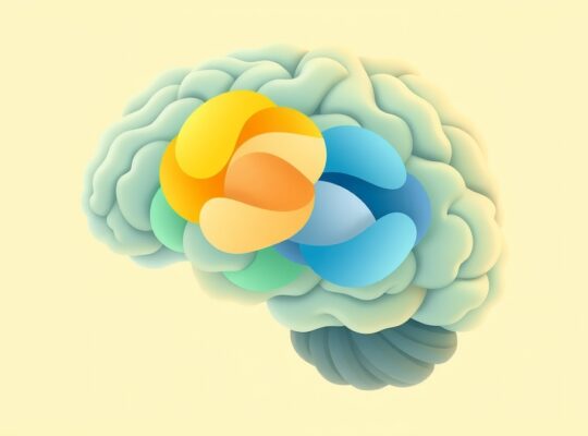 Mózg w pastelowych barwach, gdzie abstrakcyjne kształty emocji przeplatają się płynnie.