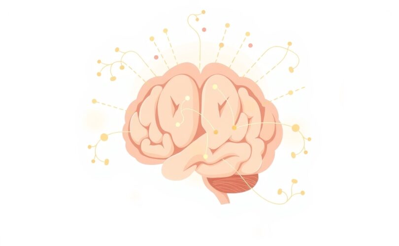 Abstrakcyjna ilustracja mózgu w pastelach, z promieniami słońca i neuronami, symbolizująca dobrostan.