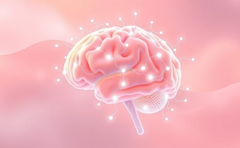 Abstrakcyjna wizualizacja pracy mózgu: pastelowe kolory, świetliste ścieżki neuronowe.