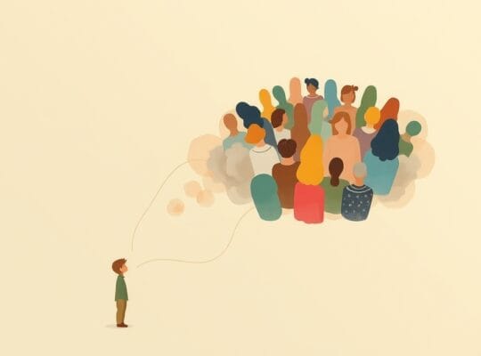 Delikatna postać połączona nićmi z psychodeliczną chmurą, symbolizując wpływ grupy.