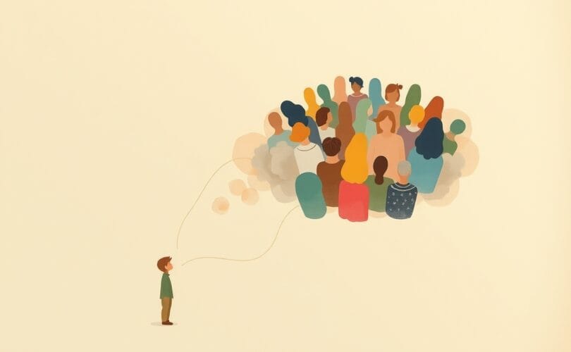 Delikatna postać połączona nićmi z psychodeliczną chmurą, symbolizując wpływ grupy.