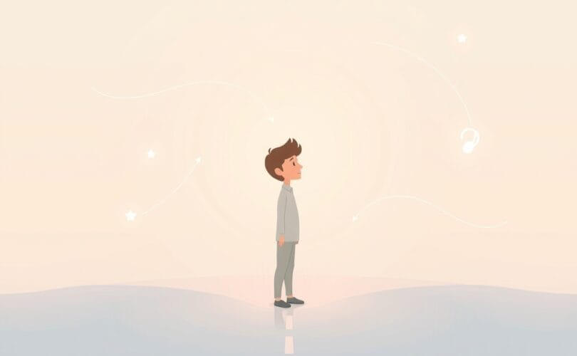 Ilustracja postaci na rozdrożu, rozważającej wpływ pastelowych ikon opinii.