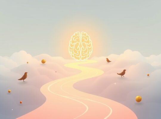 Stylizowana ścieżka łącząca jelita ze zdrowym mózgiem, pastelowa paleta barw.