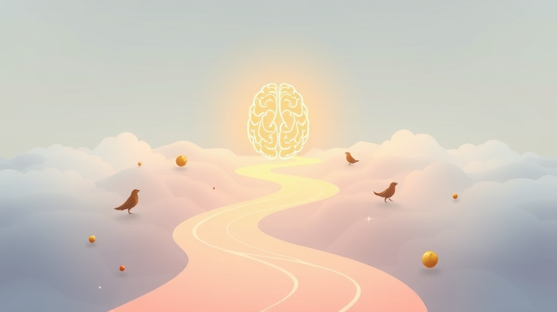 Stylizowana ścieżka łącząca jelita ze zdrowym mózgiem, pastelowa paleta barw.