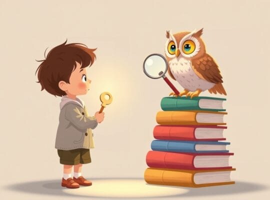 Dziecko z kluczem i mądra sowa z lupą, wspieranie w nauce.