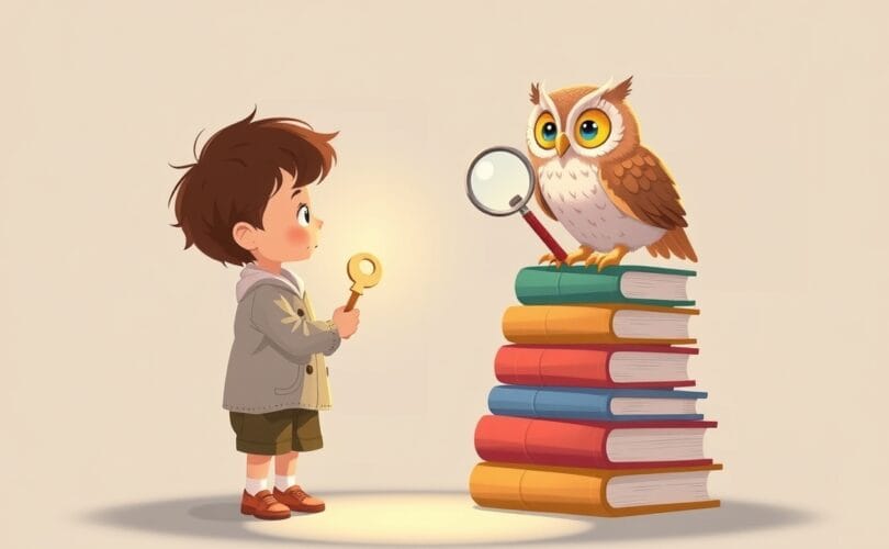 Dziecko z kluczem i mądra sowa z lupą, wspieranie w nauce.