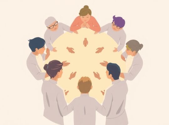 Abstrakcyjne, połączone postacie tworzą krąg wsparcia, symbolizując siłę grupy.