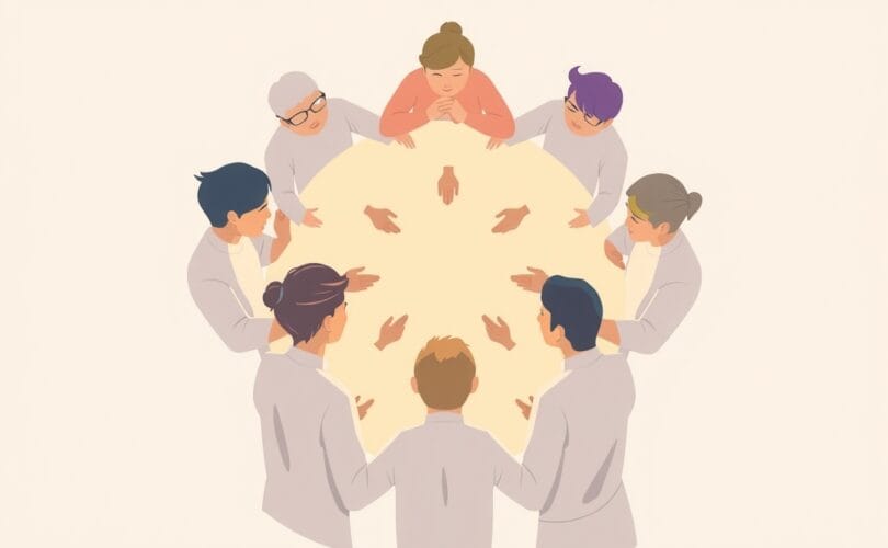 Abstrakcyjne, połączone postacie tworzą krąg wsparcia, symbolizując siłę grupy.