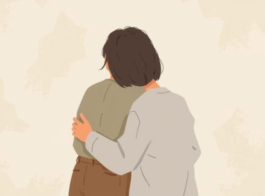 Uścisk wsparcia: Pastelowa ilustracja dwóch postaci w objęciach, symbolizująca pomoc w trudnych emocjach.