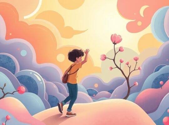 Ilustracja: nastolatek w abstrakcyjnym, pastelowym krajobrazie symbolizującym emocje i rozwój.