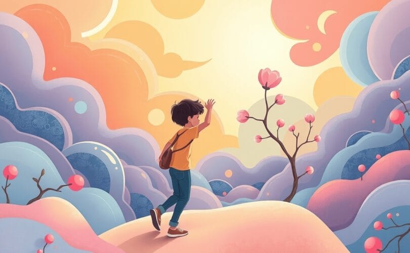 Ilustracja: nastolatek w abstrakcyjnym, pastelowym krajobrazie symbolizującym emocje i rozwój.