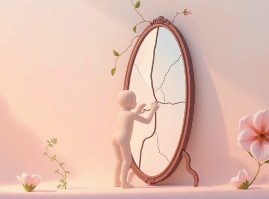 Krucha postać naprawia lustro, z pęknięć wyrastają subtelne rośliny, symbolizując uzdrowienie.