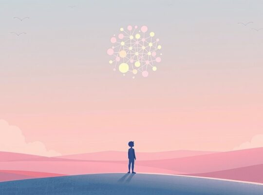 Zamyślona postać na tle pastelowego, niemal sennego pejzażu, symbolizująca wykluczenie.