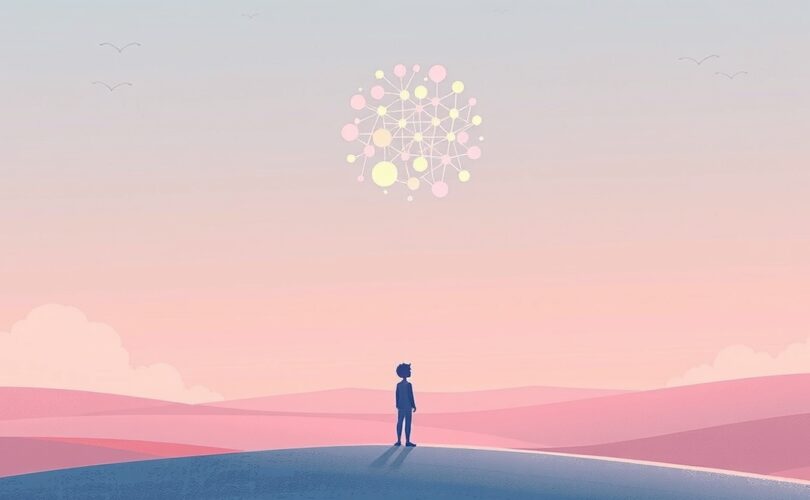 Zamyślona postać na tle pastelowego, niemal sennego pejzażu, symbolizująca wykluczenie.