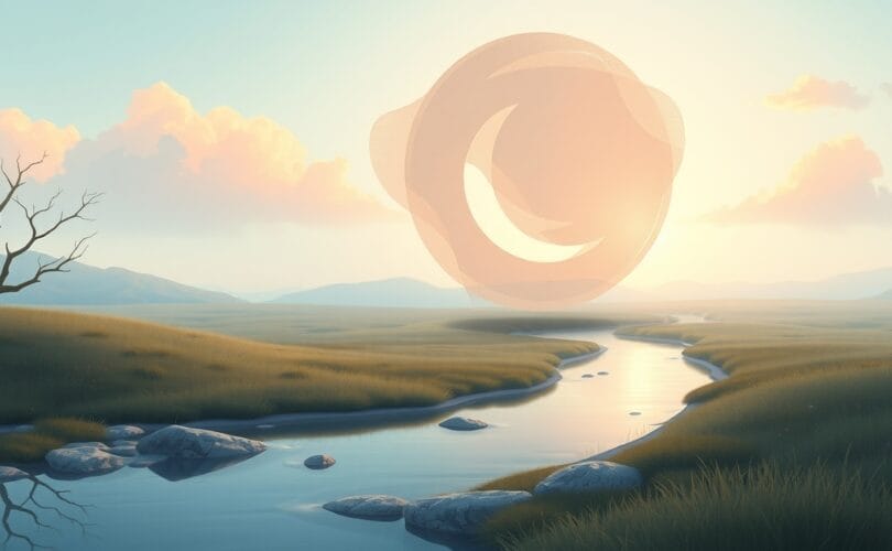 Spokojny surrealistyczny krajobraz, strumień wynosi zniekształcone wspomnienia, pozostawiając pastelową formę.