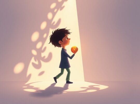 Sylwetka wyłaniająca się z cienia wpadającego blasku, unosząca świetlistą kulę nadziei.